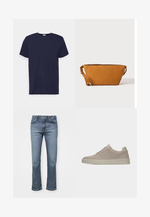 Marineblaues T-Shirt mit kurzen Ärmeln aus weichem Stoff. Es hat einen Rundhalsausschnitt und einen geraden Schnitt ohne Muster oder Akzente.; Blaue Jeans bestehen aus Denim, haben einen geraden Bein-Design, ein Fünf-Taschen-Stil und einen Knopfverschluss mit kontrastierenden Nähten.; Beige Wildledersneaker mit strukturierter Oberfläche, abgerundeter Zehenpartie und tonalen Schnürsenkeln. Verfügt über eine dicke Gummisohle und dezente Markenkennzeichnung an der Ferse.; Hellbraune Leder-Umhängetasche mit verstellbarem Schulterriemen und Reißverschluss, vor einem schlichten hellen Hintergrund gezeigt.