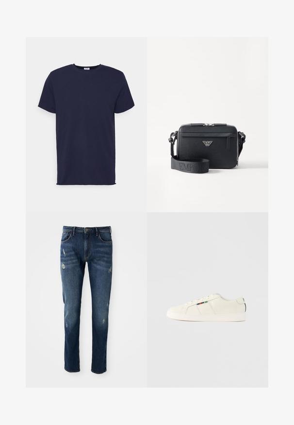 Camiseta de manga corta azul marino hecha de tela suave. Presenta un cuello redondo y un corte recto sin patrones ni acentos.; Jeans de mezclilla azul oscuro con corte ajustado, ligero desgaste en los muslos y las rodillas, diseño clásico de cinco bolsillos y cierre de botón.; Zapatillas de deporte de color beige claro con una textura suave, diseño con cordones y un detalle de rayas coloridas en el lateral. Suela de goma blanca. Parte trasera lisa.; Bolsa bandolera negra hecha de material texturizado. Presenta un cierre con cremallera, un bolsillo frontal con cremallera y un acento de logo metálico. Incluye una correa ajustable.