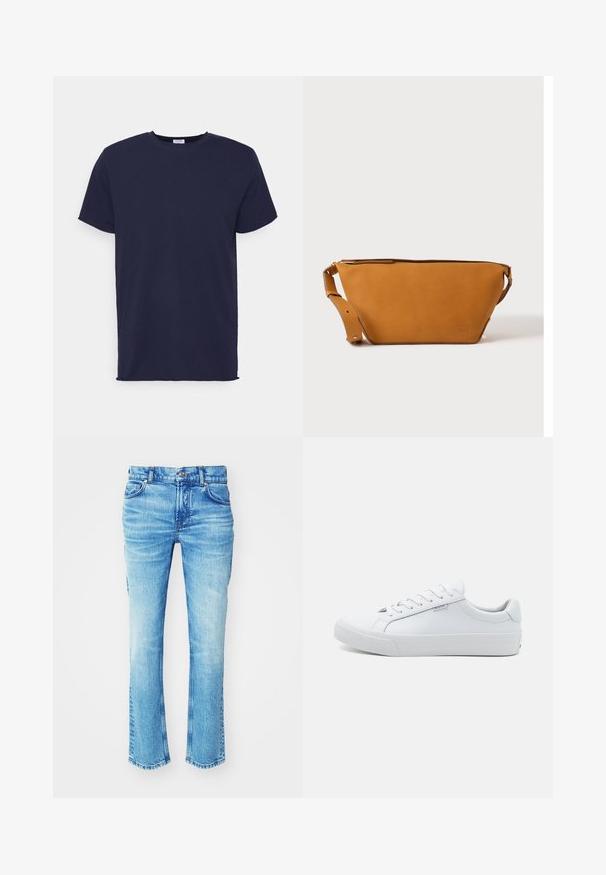 T-shirt bleu marine à manches courtes fabriqué en tissu doux. Présente un col rond et une coupe droite sans motifs ni accents.; Jean en denim bleu avec un lavage délavé, design à jambe droite et ourlet brut. Présente une coupe cinq poches et des détails en métal sur les boutons.; Baskets blanches en cuir avec une finition lisse, design bas, bout rond et semelle plate en caoutchouc. Dotées de lacets plats et d'une signalétique minimale.; Sac bandoulière en cuir marron clair avec sangle réglable et fermeture éclair, présenté sur un fond clair uni.
