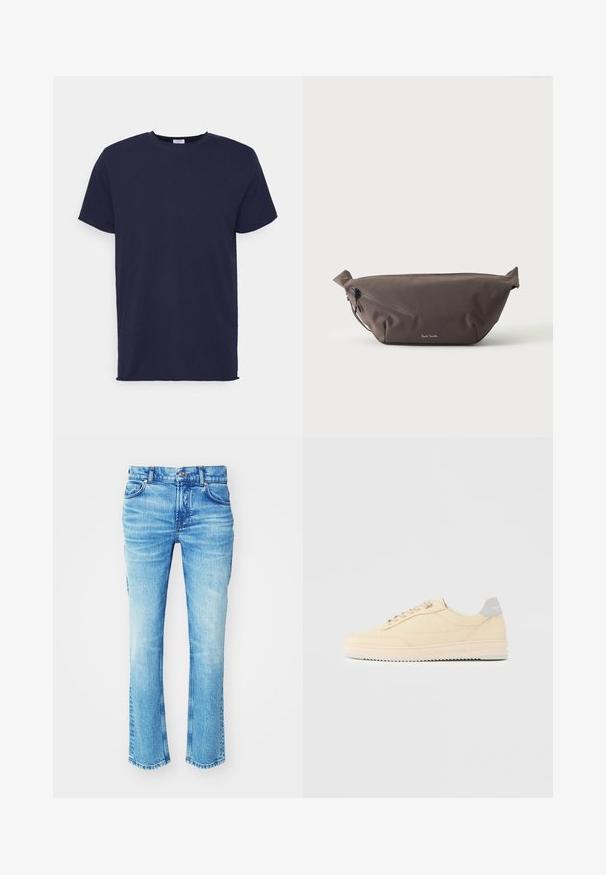 Navyblauwe T-shirt met korte mouwen van zachte stof. Heeft een ronde hals en een rechte snit zonder patronen of accenten.; Blauwe denim jeans met een vervaagde wassing, recht model en ruwe zoom. Heeft een vijf-pocketstijl en metalen knoopdetails.; Beige lage sneaker met veters aan de voorkant, lichtroze zool en een grijze hieltab met het merk "Filling Pieces", zijaanzicht op een effen achtergrond.; Donkerbruine stoffen heuptas met diagonale ritssluiting en klein wit logo aan de voorkant, tegen een effen lichte achtergrond.