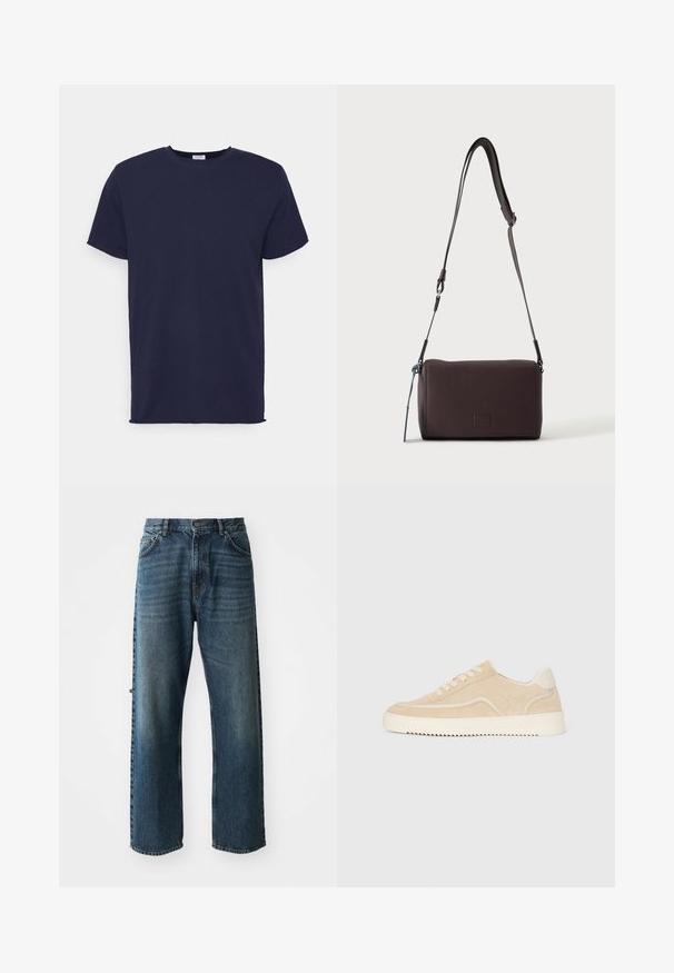 Navyblauwe T-shirt met korte mouwen van zachte stof. Heeft een ronde hals en een rechte snit zonder patronen of accenten.; NN.07 OTIS - Straight leg jeans - stonewashed; Beige suède sneaker met witte zool en veters, low-top ontwerp en zigzagprofiel op de zool.; Donkerbruine gestructureerde leren crossbodytas met verstelbare riem en klein decoratief blauw accent aan de zijkant.