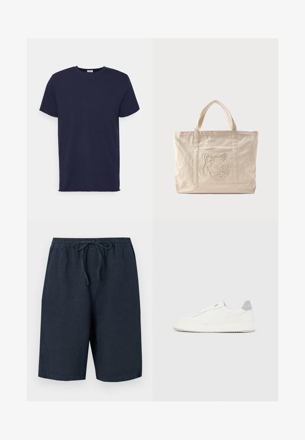 Marineblå kortærmet t-shirt lavet af blødt stof. Har rund halsudskæring og en lige pasform uden mønstre eller accenter.; Mørkeblå linnedshorts med elastisk talje og justerbar snor. Har sidelommer og en afslappet pasform.; Hvid lavtop-sneaker med gråt hælflig, hvide snørebånd og tekstureret sål, vist på en ensfarvet lys baggrund.; Beige lærredsnettaske med dobbelte håndtag og et præget ulvehoveddesign på forlommen.