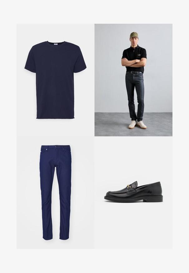 Marineblå kortærmet t-shirt lavet af blødt stof. Har rund halsudskæring og en lige pasform uden mønstre eller accenter.; Mørkeblå slim-fit jeans lavet af denim, med knaplukning, fem-lomme design og subtil tekstur med en glat overflade.; Sorte læder loafers med en rund tå, der har guld hardware accent og syningsdetaljer, placeret på en lav, tekstureret gummisål.; Sort polo-shirt med guld logo, mørke denim jeans og lyse sko. Olivengrøn kasket med logo. Modellen står med armene over kors mod en struktureret baggrund.