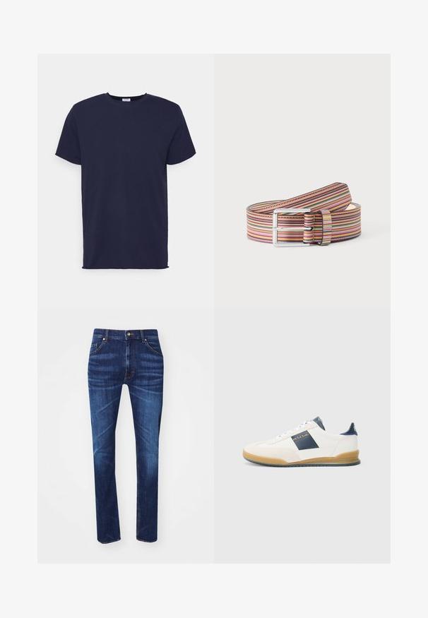 T-shirt bleu marine à manches courtes fabriqué en tissu doux. Présente un col rond et une coupe droite sans motifs ni accents.; Jean en denim bleu foncé avec une coupe droite, comportant cinq poches, des coutures orange contrastantes et une fermeture à bouton en métal classique.; Baskets blanches avec accent navy, en suède et cuir, bout rond et semelle en caoutchouc. Présente un logo sur le côté et à l'arrière.; Ceinture en cuir enroulée avec un motif rayé horizontal coloré et une boucle rectangulaire argentée sur un fond uni.