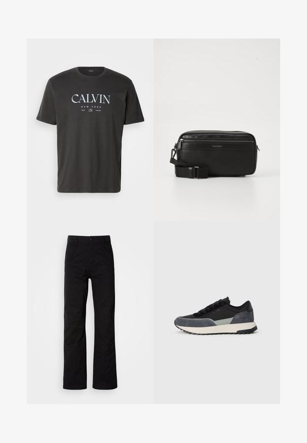 Sort bomuld t-shirt med korte ærmer, med et hvidt logo der står "CALVIN NEW YORK 1968 CK" centreret på fronten.; Sort bomuldsbukser med lige ben, der har knaplukning og bæltestropper. Glat tekstur og minimalistisk stil uden synlige mønstre.; Sko med snørebånd i en blanding af sort stof, grå ruskindsdetaljer og en kraftig hvid mellemsål med sort gummisåler.; Sort læder crossover taske med en lynlåslomme, tekstureret overflade, justerbar rem og Calvin Klein-branding på forsiden.