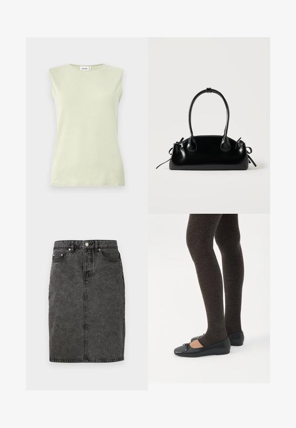 Lysegrøn ærmeløs top med rund hals. Lavet af blødt stof, der har en glat tekstur og et minimalistisk design.; Sort denimnederdel med lige pasform, forreste knaplukning, bæltestropper og subtilt falmet tekstur med to sidelommer.; Ben iført mørke ribbede leggings kombineret med sorte balletsko med små sløjfedetaljer på hvid baggrund.; Lille sort blank håndtaske med to lange håndtag og snøre-detaljer i siden på en ensfarvet lys baggrund.