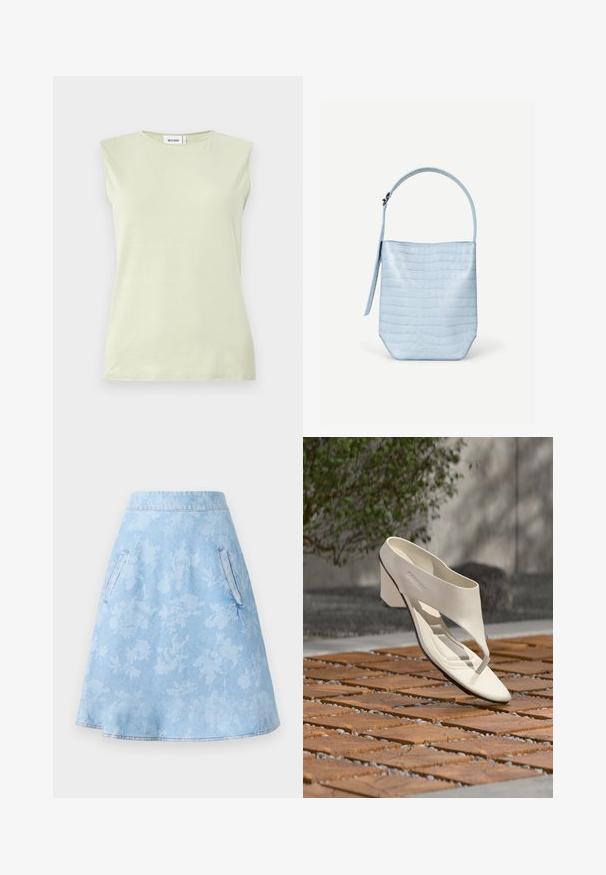 Top sin mangas de color verde claro con cuello redondo. Está hecho de una tela suave, con una textura lisa y un diseño minimalista.; Falda de mezclilla en línea A de color azul claro con un sutil patrón floral, que cuenta con dos bolsillos laterales y un acabado liso con dobladillo.; Sandalia de tacón de cuero blanco con una tira ancha y separador de dedos, mostrada al aire libre sobre una superficie de madera y baldosas de grava con vegetación al fondo.; Bolso de mano azul claro con textura de cocodrilo, forma rectangular, asa superior única y una correa colgante lateral sobre un fondo blanco liso.
