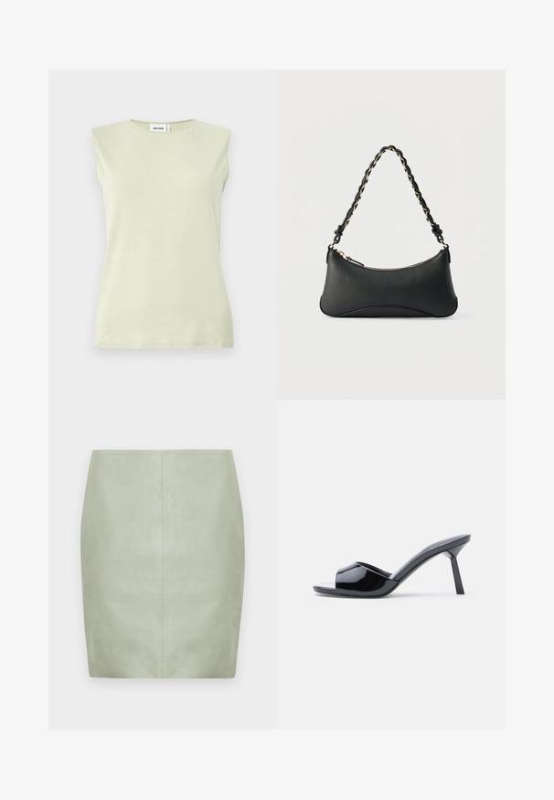 Débardeur vert clair sans manches avec un col rond. Confectionné dans un tissu doux, il présente une texture lisse et un design minimaliste.; Mini jupe en cuir vert menthe à coupe slim, avec un design épuré et une couture centrale au dos. Texture lisse, sans accessoires visibles.; Sandales à talons ouverts en cuir verni noir, avec un design supérieur incurvé et un talon aiguille effilé. Finition lisse et brillante.; Sac à bandoulière en cuir noir de forme rectangulaire incurvée, avec une chaîne dorée tissée dans la bandoulière noire tressée et une fermeture éclair sur le dessus.