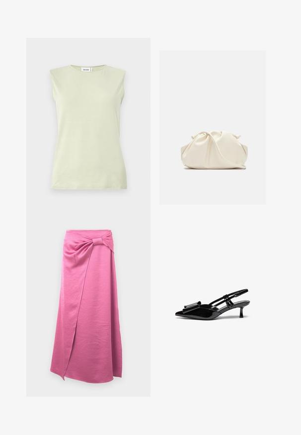 Lysegrøn ærmeløs top med rund hals. Lavet af blødt stof, der har en glat tekstur og et minimalistisk design.; Lang pink nederdel lavet af blødt stof, med et frontwrap design og knyttet detalje i taljen, samt en lige silhuet.; Sorte patenterede læderslingbacks med spids tå, en sløjfedetalje foran og en lille stilettohæle. Remmene har justerbare spænder.; Blød, cremefarvet læder clutch taske med samlet, rynket design og en tynd skulderrem, der hviler foran på en ensfarvet baggrund.
