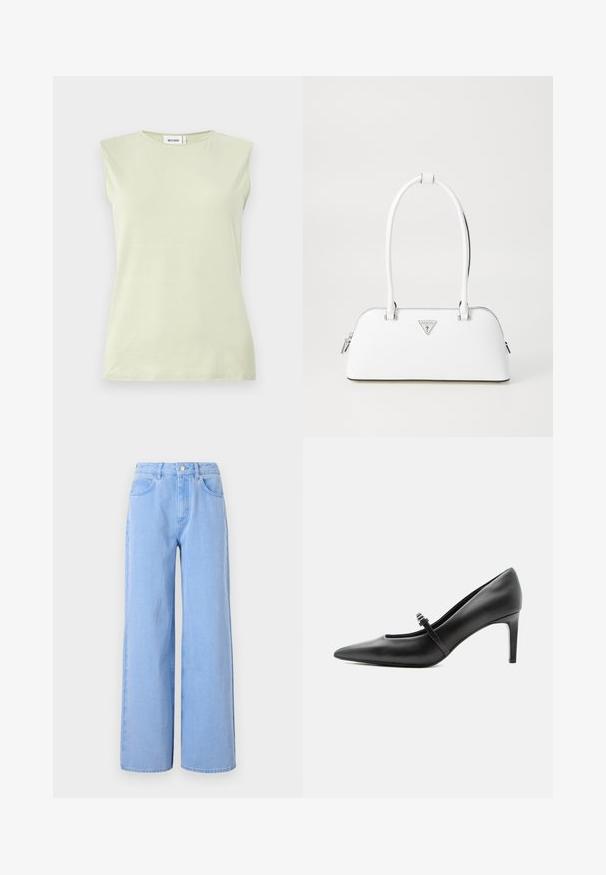 Lichtgroene mouwloze top met een ronde hals. Gemaakt van zachte stof, met een gladde textuur en een minimalistisch ontwerp.; Lichtblauwe wijde denim jeans. Heeft een aangesloten taille met riemlussen en voorzakken, stiksel details en een schone zoom.; Zwarte leren pumps met puntige neus, dunne riem en gesp over de wreef, staand op een neutrale lichte achtergrond.; Witte leren handtas met een gebogen vorm, voorzien van een zilveren driehoekig logo en ritssluiting. Gladde textuur en dubbele handvaten.
