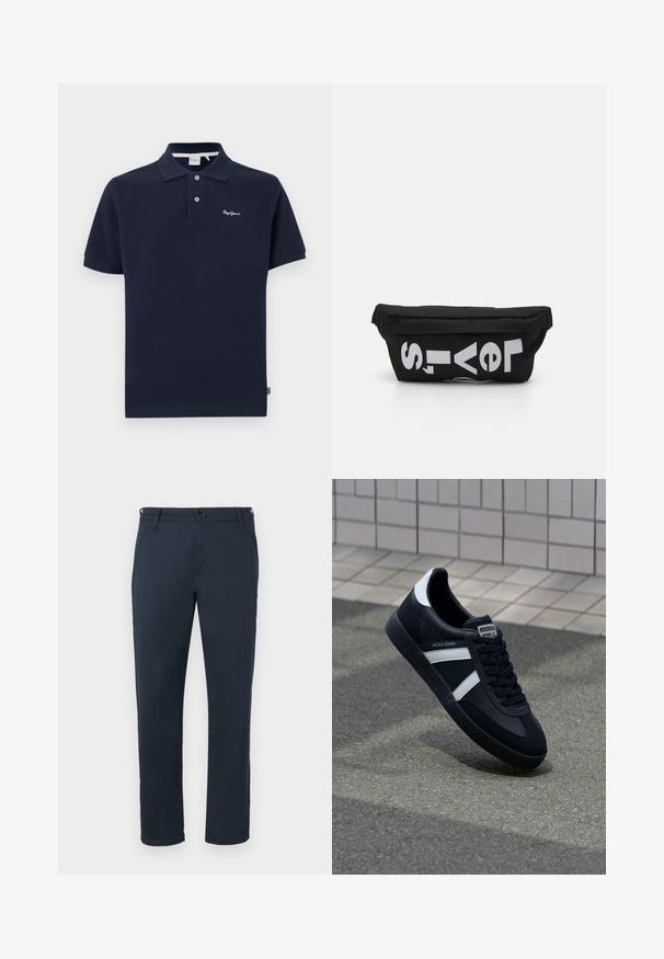 Polo de color navy hecho de algodón, con un cuello clásico, mangas cortas, tapeta de dos botones y un pequeño logo bordado en el pecho.; Pantalones de algodón azul marino con un corte recto, bolsillos frontales, cierre de botón y trabillas para cinturón. Textura suave sin patrones visibles.; Zapatilla de cuero negra con rayas blancas, suela de goma texturizada y parte frontal con cordones. Cuenta con una etiqueta de marca en la lengüeta.; Bolsa de tela negra con forma plana, que presenta texto blanco en negrita. El cierre de cremallera se encuentra en la parte superior, con un detalle de asa en un lado.