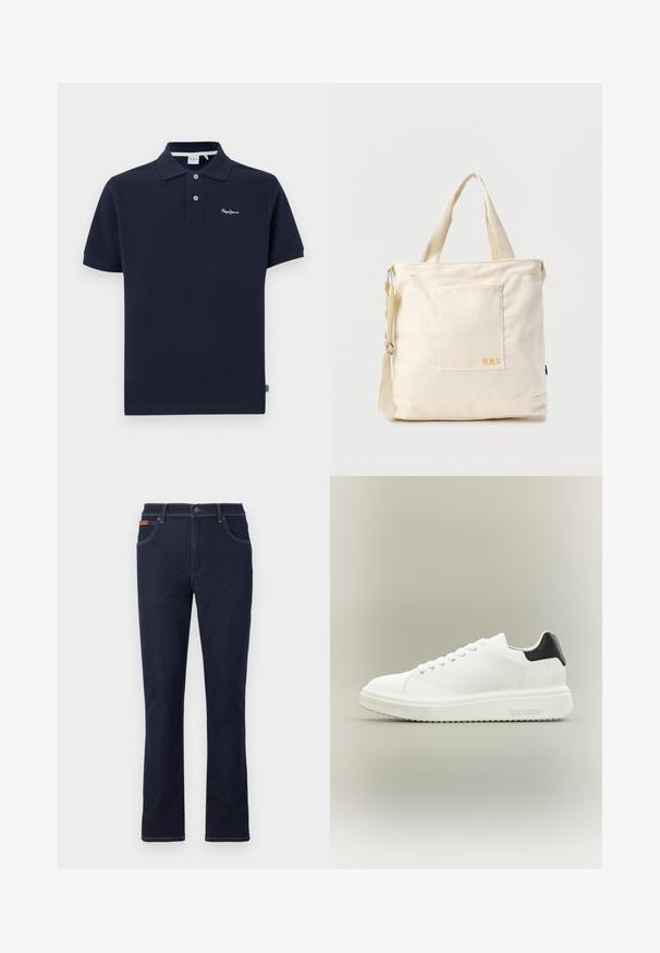 Marineblauwe polo t-shirt gemaakt van katoen, met een klassieke kraag, korte mouwen, een twee-knops knoopsluiting en een klein geborduurd logo op de borst.; Donkerblauwe jeans met rechte pijpen, een voorste knoop en rits, voor- en achterzakken en bruine stikseldetails.; Witte lage sneaker met dikke zool, veters aan de voorkant en een zwart hielstuk, gebrandmerkt met "Steve Madden" op de zijkant van de zool.; Crèmekleurige canvas boodschappentas met voorvak, twee handvatten, verstelbare schouderriem en kleine gele "O.N.S" tekst rechtsonder op het vak.