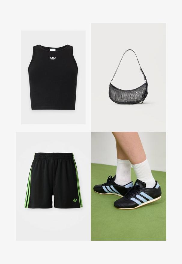 Μαύρο ριμπ αμάνικο crop top με στρογγυλή λαιμόκοψη και μικρό λευκό λογότυπο Adidas trefoil στο κέντρο κοντά στο γιακά.; Μαύρες αθλητικές βερμούδες με κορδόνι στη μέση, διακοσμημένες με τρεις κάθετες πράσινες ρίγες σε κάθε πλευρά και το λογότυπο της Adidas σε πράσινο χρώμα.; Μαύρα δερμάτινα αθλητικά παπούτσια με γαλάζιες ρίγες, υφασμάτινες επάνω επιφάνειες και καουτσούκ σόλες, σε συνδυασμό με λευκές πλεκτές κάλτσες σε πράσινο δάπεδο.; Μικρή μαύρη τσάντα ώμου από δίχτυ σε σχήμα ημισελήνου με ρυθμιζόμενο λεπτό λουράκι, σε απλό φωτεινό φόντο.