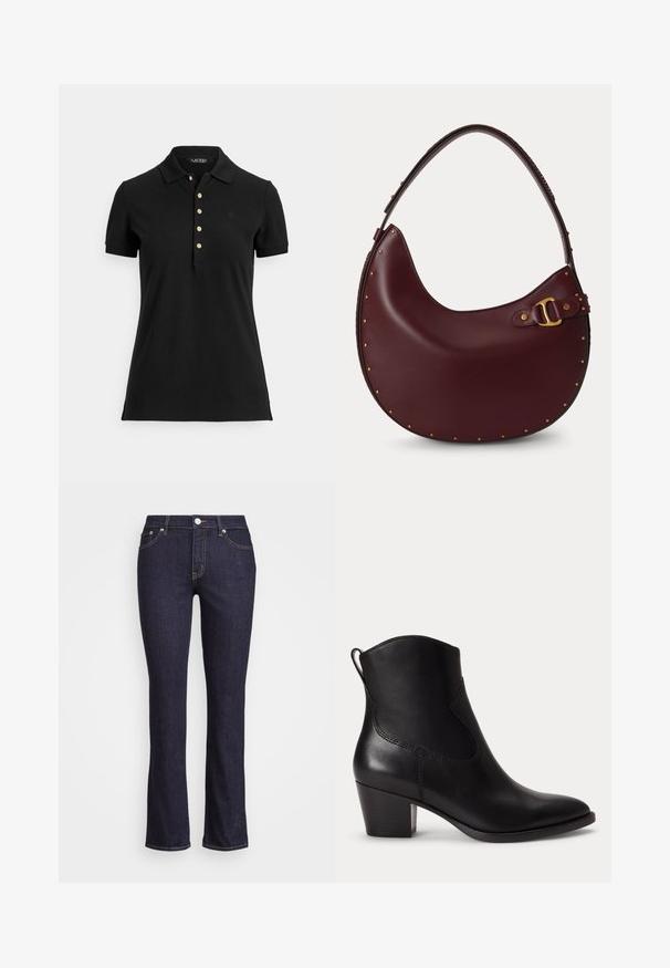 Polo negro de tela texturizada, con cuello, mangas cortas y una tapeta con botones dorados. Detalle sutil del logo en el pecho.; Jeans de mezclilla oscuros de campana con cintura alta, que cuentan con un cierre de botón y cremallera, cinco bolsillos y costuras en contraste.; Botín negro de cuero con tacón de bloque bajo, puntera redondeada y lengüeta trasera contra un fondo blanco liso.; Bolso de mano de cuero burdeos oscuro con forma de media luna, con una sola correa para el hombro, tachuelas doradas a lo largo de los bordes y un detalle de hebilla dorada en un lado.