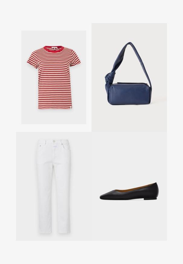 Kurzärmeliges T-Shirt mit Rundhalsausschnitt und horizontalen roten, weißen und braunen Streifen auf einfarbigem Hintergrund.; Weiße Jeans mit geradem Bein, fünf Taschen und einem Metallknopfverschluss. Verfügt über eine dezente Textur und helle Nähte.; Schwarzer flacher Schuh aus Leder mit spitz zulaufender Vorderkappe, niedrigem Absatz und glatter Oberfläche, von der Seite vor einem hellgrauen Hintergrund dargestellt.; Dunkelblaue rechteckige Lederschultertasche mit einem weichen, geknoteten Riemen und Reißverschluss oben, gezeigt vor schlichtem Hintergrund.