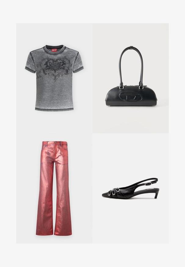 Grå kortærmet T-shirt fra Diesel med sort prikket hjerte og blomsterdesign på brystet samt et rødt Diesel-mærke inde i kraven.; Rød metallisk bredbensjeans med en blank finish, fem lommer og syninger i kontrast. Har en knap- og lynlåslukning.; Sort læder slingback sko med spids tå, tre sølvspænder på forsiden og lav lille hæl på hvid baggrund.; Sort læderhåndtaske med lange dobbelte håndtag og præget ovalt logo foran, vist mod en ensartet lys baggrund.