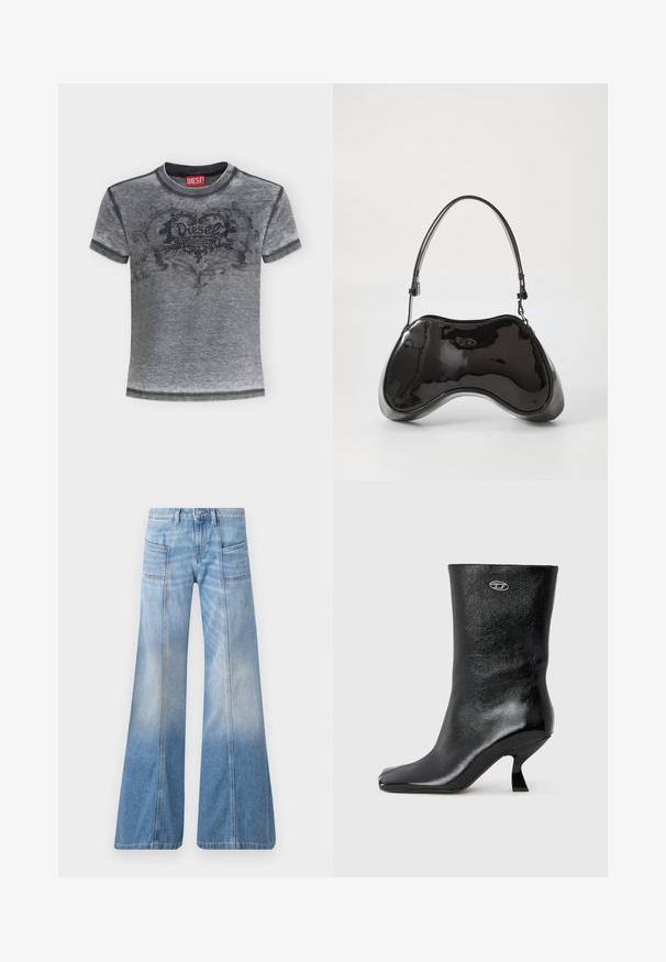 Camiseta gris de manga corta de la marca Diesel con corazón negro punteado y diseño floral en el pecho y etiqueta roja de Diesel dentro del cuello.; Vaqueros acampanados de color azul claro hechos de mezclilla. Cuentan con una cintura alta, cuatro bolsillos y un efecto de degradado desvaído hacia el dobladillo.; Botín de cuero negro con acabado brillante, puntera cuadrada y diseño único de tacón curvado. Presenta un pequeño detalle metálico con el logo.; Bolso de mano de piel sintética negra con un diseño curvado único, asas cortas y ajustables, y abertura con cremallera en la parte superior. Textura suave con una sutil marca.
