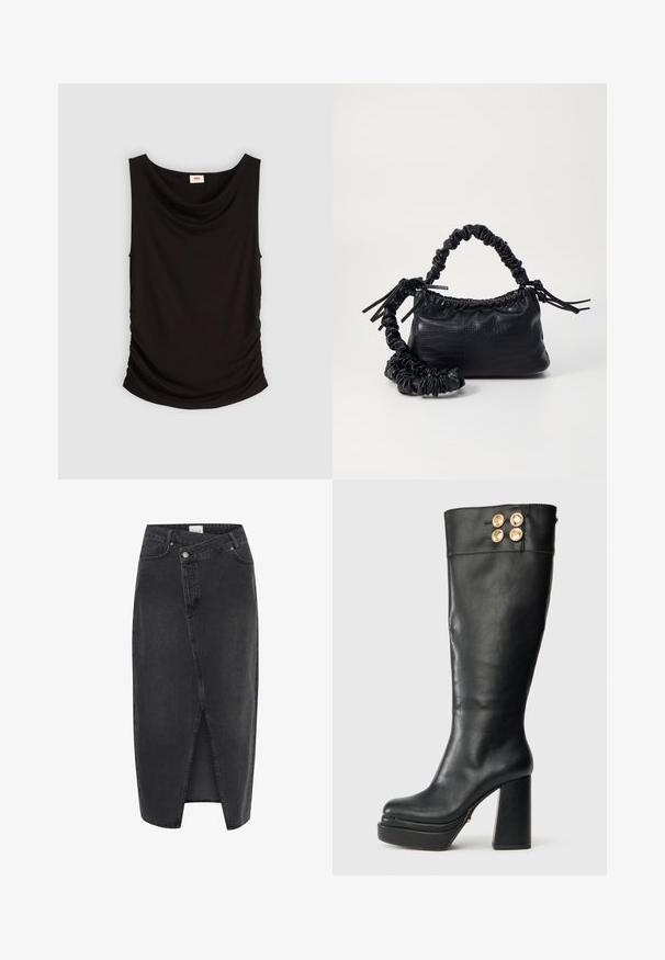 Zwarte mouwloze top met een gedrapeerde halslijn, voorzien van zijsynchronisatie voor textuur en een gladde, lichte stof. Geen zichtbare prints of hardware.; Zwarte denim midi-rok met een split aan de voorkant, gestructureerde pasvorm en klassiek vijf-pocket ontwerp. Voorzien van een knoop- en ritssluiting.; Zwarte leren kniehoge laars met een chunky hak en een platformzool, voorzien van vier decoratieve gouden knopen nabij de bovenrand.; Zwarte nepleer handtas met een krokodillenstructuur, opgedroogde bovenkant en een gekreukte hengsel. Het lijkt zacht en compact van ontwerp.