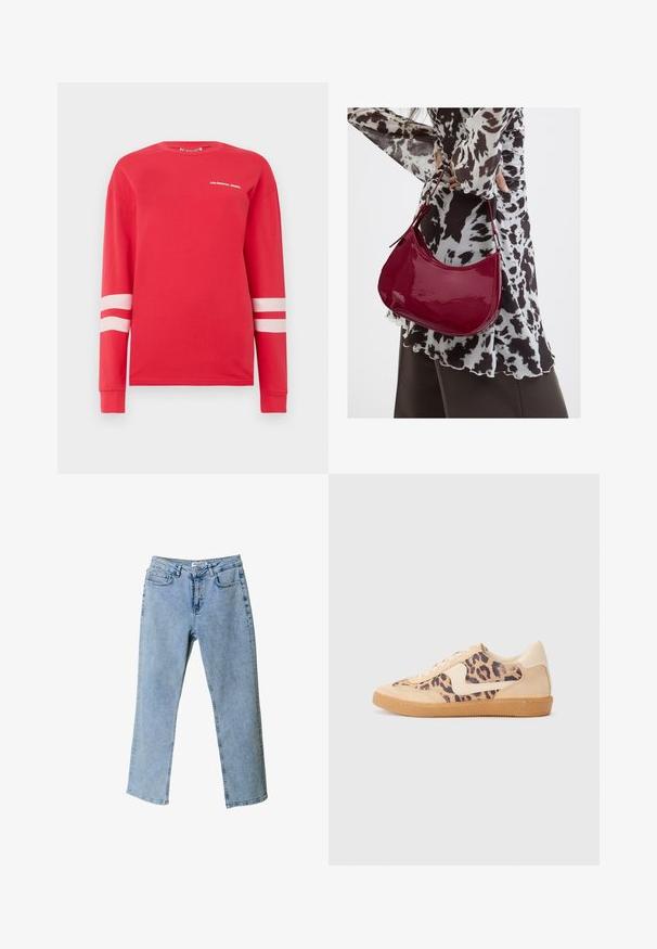 Rød langærmet skjorte i bomuld med hvid tekst "COLOURFUL REBEL" og to vandrette hvide striber på ærmerne. Klassisk crew neck-design.; Lyseblå denim jeans med lige ben design, fem-lomme stil og en taljebranding. Har lysnede områder for tekstur.; Leopardprint sneakers med beige ruskindsoverdel, tan gummisål og hvide detaljer. Rund pegefinger og snørebåndsdesign med en tekstureret finish.; Kvinde iført en sort- og hvidmønstret bluse, der holder en blank rød skuldertaske mod en ensfarvet baggrund.