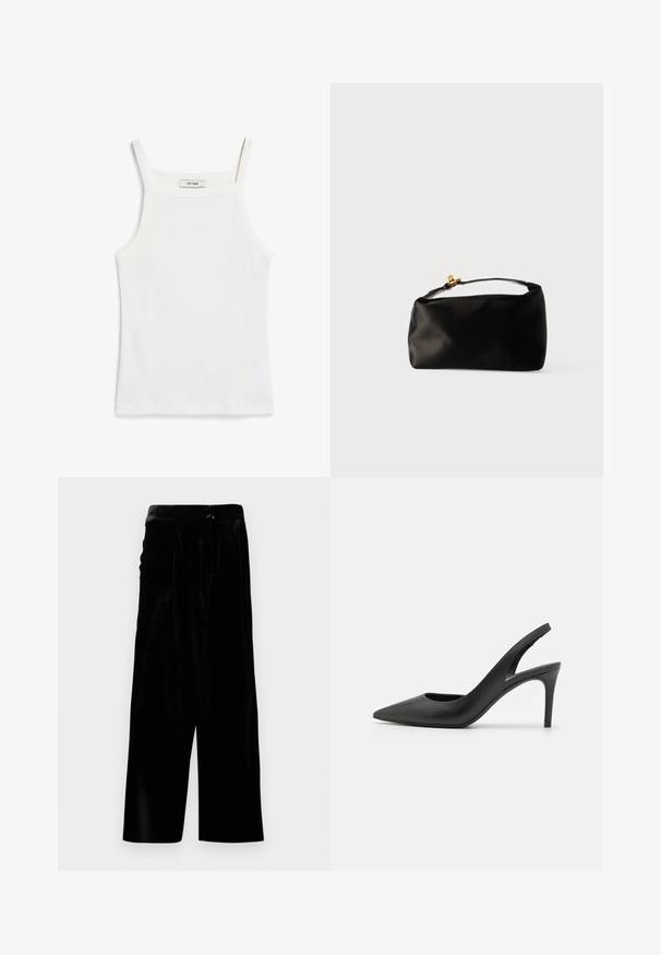Witte tanktop met dunne banden, gemaakt van ribkatoenen stof, met een rechte halslijn en een nette afwerking aan de zoom.; Zwarte fluwelen broek met brede pijpen, een hoge taille en een zijrits, weergegeven tegen een witte achtergrond.; Zwarte leren slingback hoge hakken met een puntige neus, met een uitsparing aan de voorkant en een dunne stilettohak.; Zwarte satijnen pouch tas met een ronde vorm, een handvat bovenop en een gouden sluiting. Soepele textuur met een minimalistisch ontwerp.