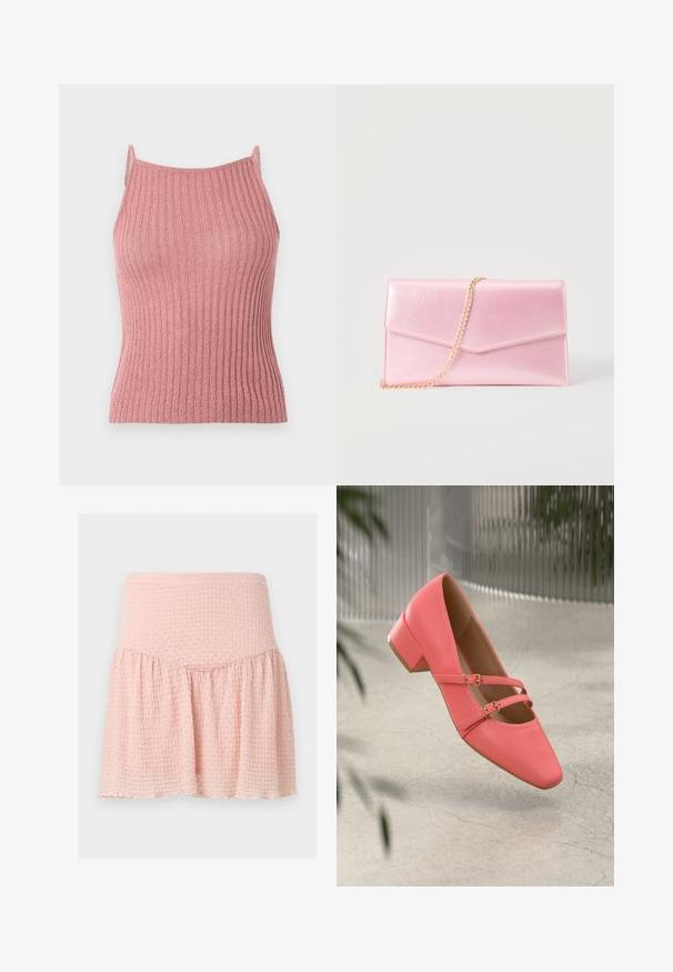 Haut sans manches en maille côtelée rose avec fines bretelles et encolure droite sur un fond uni.; Mini-jupe rose clair texturée avec une large ceinture et un détail de tissu froncé sur un fond uni.; Chaussure basse à talon en cuir corail avec un bout pointu, dotée de deux sangles et de boucles en ton doré. Texture lisse, design minimaliste.; Pochette rectangulaire rose pâle avec rabat façon enveloppe et fine bandoulière chaîne dorée sur fond uni.
