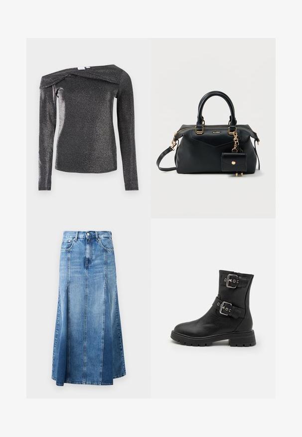 Must pikkade varrukatega top, millel on metalliline läige, õlgadeta lõige, pehme tekstuur ja unikaalne volditud detail kaelusel.; Denimseelik, millel on helesinisest tumedama sinise gradient, põlve pikkune, sirge lõikega, ees lõhikute ja klassikalise nupule ja tõmbluku kinnitusega.; Mustmustest mustanahkasaapad, millel on kaks hõbedast pandlat, tekstureeritud viimistlus, robustne tall ja kergelt plokknina.; Mustast nahast käekott topeltkäepidemetega, kuldse luku, "ALDO" logoga ja väikese lisatud kotikesega, millel on kuldne suruauk.