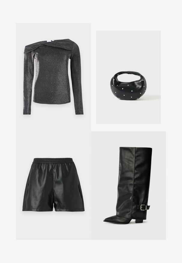 Zwart, top met lange mouwen en een metallic glans, met een off-shoulder ontwerp, zachte textuur en een uniek gevouwen detail bij de halslijn.; Zwarte nep leren shorts met een elastische tailleband, voorzien van een gladde textuur en een losse pasvorm. Geen zichtbare patronen of accenten.; Zwarte leren enkellange laarzen met een spitse neus, een gladde textuur en een zilveren gesps Accent aan de zijkant. Stevige vierkante hak.; Zwarte leren handtas met een afgeronde vorm, versierd met zilveren studs, en een korte handgreep. Gladde textuur en ritsluiting.