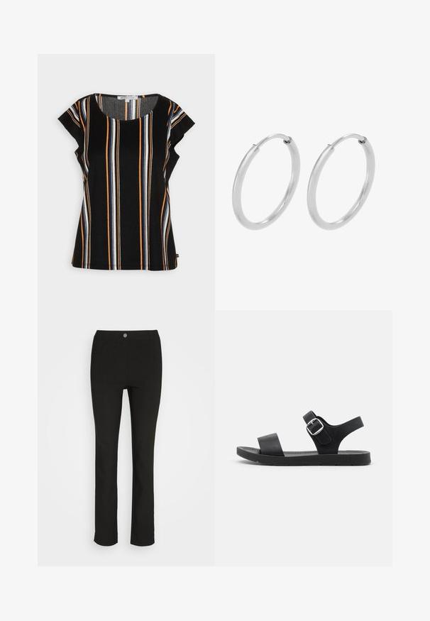 TOM TAILOR DENIM CAPSLEEVES - T-shirt print - black/multi-coloured; Zwarte broeken met een rechte pijpdesign, gemaakt van een gladde stof. Beschikt over een knoop aan de voorkant, ri loops, en twee zijzakken.; Zwarte sandaal met een platte zool, een verstelbare gesp, twee brede banden en een zachte textuur, ontworpen voor comfort en gemakkelijke draagbaarheid.; Zilveren hoepeloorbellen, cirkelvormig, met een gladde glanzende textuur en een constante breedte. Minimalistisch ontwerp zonder extra accenten.