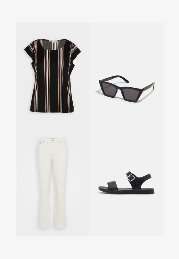 TOM TAILOR DENIM CAPSLEEVES - T-shirts print - black/multi-coloured; Flarede hvide denimjeans med en tekstureret overflade, fem-lomme design, metalknaplukning og subtile stikninger på sømmene.; Sorte sandaler med flad sål, justerbar spænde, to brede stropper og glat overflade, designet til komfort og nem brug.; Sorte, kantede solbriller med grå linser; lavet af plast, med tykke stænger med en glat overflade og ingen synlig hardware.