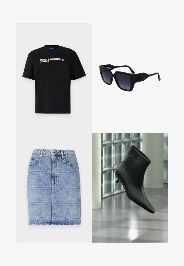 Zwarte katoenen t-shirt met korte mouwen, met in grote witte letters "KARL LAGERFELD JEANS" gedrukt op de voorkant.; Denim rok in lichtblauw met een ruitpatroon. Heeft een hoge taille, twee voorzakken en stikaccenten langs de zoom en naden.; Zwarte leren enkellaars met spits toelopende neus en lage kittenhak, schuin weergegeven tegen een gepolijste vloer en een glazen blokken muur als achtergrond.; Zwarte zonnebril met een vierkante vorm en gradiënt grijze lenzen. De plastic montuur heeft hoekige accenten, en de poot toont een logo detail.