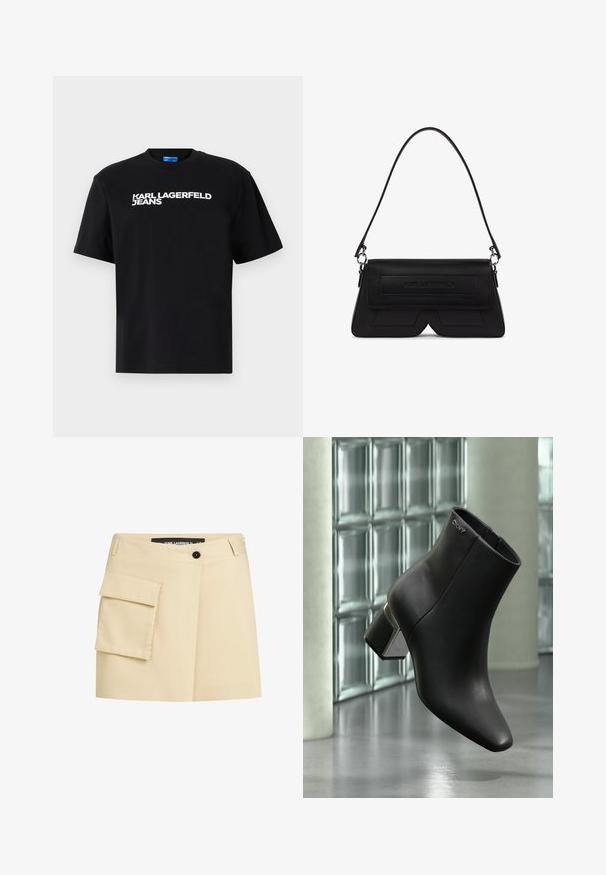T-shirt en coton noir à manches courtes, avec "KARL LAGERFELD JEANS" imprimé en grandes lettres blanches sur le devant.; Jupe beige avec une taille ajustée, fermeture à boutons sur le devant et une poche cargo sur le côté gauche. Tissu lisse avec un design cintré.; Bottine en cuir noir à talon bloc, logo DKNY près du haut, exposée devant un mur en blocs de verre et un sol en béton poli.; Sac d'épaule noir en forme de trapèze avec rabat, logo embossé sur le devant et une seule fine bandoulière attachée par des anneaux argentés.