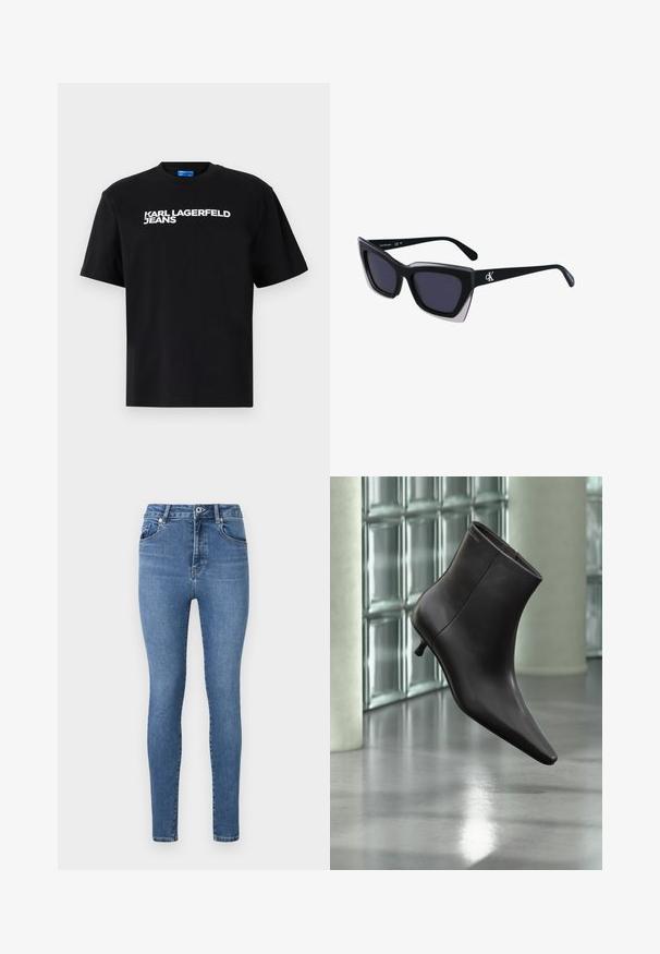 Camiseta de algodón negra con mangas cortas, con "KARL LAGERFELD JEANS" impreso en grandes letras blancas en la parte frontal.; Jeans ajustados de mezclilla azul medio, con una cintura alta, diseño de cinco bolsillos y un sutil detalle de costura en los bolsillos y costuras.; Bota de cuero negro para el tobillo con puntera puntiaguda y tacón pequeño, exhibida frente a una pared de bloques de vidrio y un suelo pulido.; Gafas de sol negras de gran tamaño con una forma geométrica, que presentan lentes oscuros y un detalle gris contrastante en la montura. Logo en la pata.