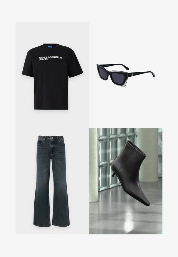 Čierne bavlnené tričko s krátkymi rukávmi, na prednej strane je veľkými bielymi písmenami vytlačený nápis "KARL LAGERFELD JEANS".; Tmavé denimové nohavice s rozšírenými nohavicami a vysokým pásom, so siedmimi vreckami, zapínaním na gombík a jemnými vyblednutím na látke.; Čierna kožená členková obuv s ostrou špičkou a nízkym podpätkom, zobrazená na pozadí steny zo sklenených blokov a leštenej podlahy.; Čierne oversized slnečné okuliare s geometrickým tvarom, s tmavými šošovkami a kontrastným šedým detailom na ráme. Logo na mostíku.