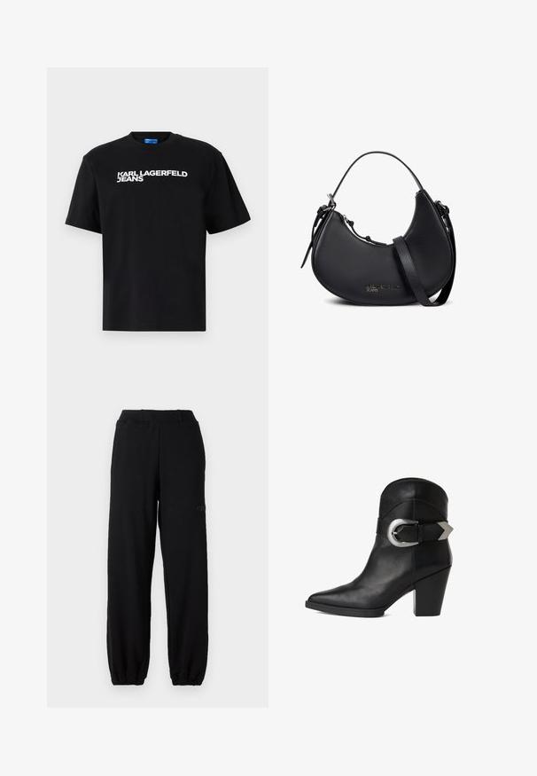 Camiseta de algodón negra con mangas cortas, con "KARL LAGERFELD JEANS" impreso en grandes letras blancas en la parte frontal.; Pantalones de chándal negros hechos de una mezcla de algodón, con cinturilla elástica y tobillos ajustados. Detalle sutil del logo en el lateral.; Botín de cuero negro hasta el tobillo con punta afilada, tacón grueso y una correa ancha con una hebilla circular de plata en el costado. Textura suave.; Bolso de mano de cuero negro con forma de media luna, con doble asa, cremallera plateada y un sutil logo "Karl Lagerfeld Jeans" en el frente.