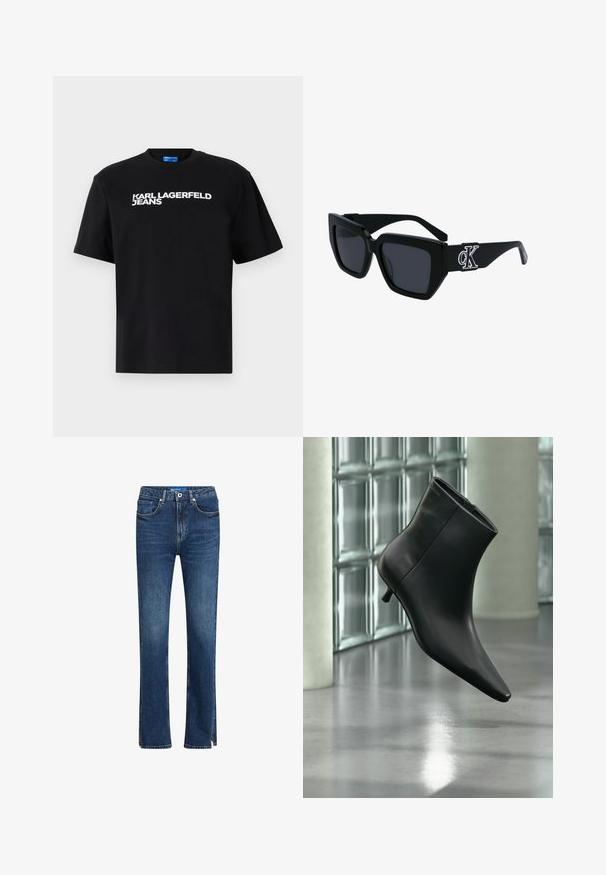 Čierne bavlnené tričko s krátkymi rukávmi, na prednej strane je veľkými bielymi písmenami vytlačený nápis "KARL LAGERFELD JEANS".; Modré džínsy s rovnými nohavicami, piatimi vreckami, kontrastným prešívaním a bočnými rozparky na leme pre väčší detail.; Čierna kožená členková čižma so špicatou špičkou a nízkym kitten podpätkom, zobrazená šikmo na pozadí leštenej podlahy a steny zo sklenených blokov.; Čierne slnečné okuliare s hranatým rámom, tmavé šošovky, matný povrch a strieborný detail loga CK na bočnej strane.