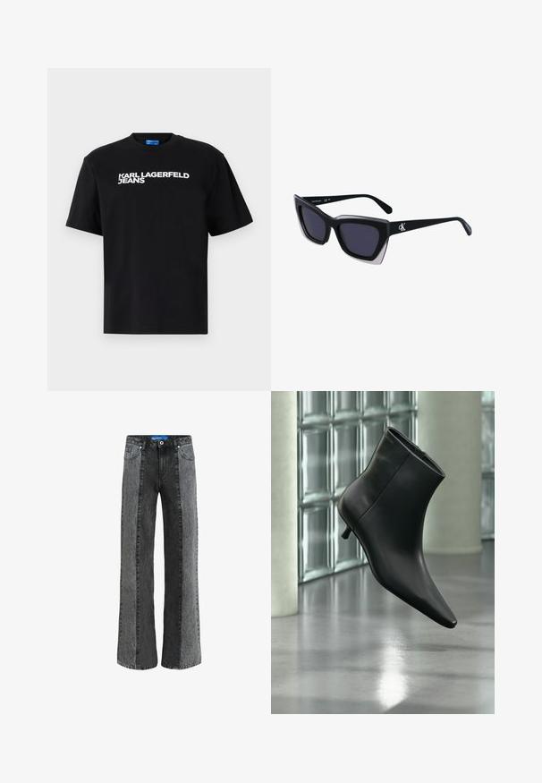 Camiseta de algodón negra con mangas cortas, con "KARL LAGERFELD JEANS" impreso en grandes letras blancas en la parte frontal.; Jeans de pierna ancha en denim negro y gris. Presentan una cintura alta con cierre de botón, cinco bolsillos y paneles verticales en contraste.; Botín negro de cuero con punta puntiaguda y tacón bajo estilo kitten, mostrado en ángulo sobre un suelo pulido y con una pared de bloques de vidrio de fondo.; Gafas de sol negras de gran tamaño con una forma geométrica, que presentan lentes oscuros y un detalle gris contrastante en la montura. Logo en la pata.