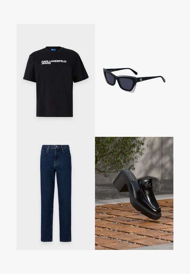Must musta T-särk lühikeste varrukatega, millel on ees suurtes valgetes tähtedes trükitud "KARL LAGERFELD JEANS".; Tumed denimist valmistatud sirge säärega teksapüksid, millel on elastne vöökoharihm, ees olevad taskud ja minimaalsed õmbluse detailid.; Mustast nahast Calvin Kleini slip-on mules, millel on plokk-konts, toetub puitplaatidele õues, lähedal rohelisele taimele ja hallile seinale.; Mustad suured mustad prillid geomeetrilise kujuga, tumedate läätsedega ja kontrastse halli detailiga raamidel. Logo käe peal.