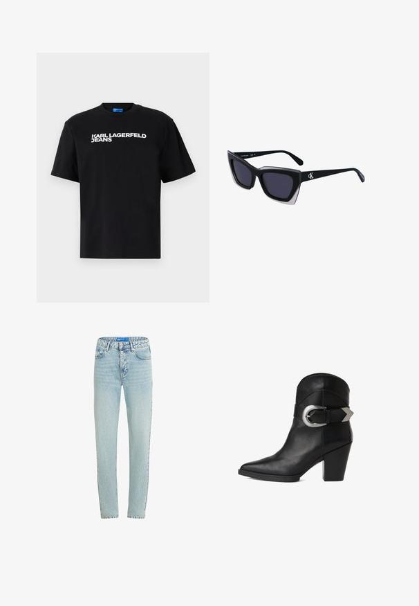 Must musta T-särk lühikeste varrukatega, millel on ees suurtes valgetes tähtedes trükitud "KARL LAGERFELD JEANS".; Heledad sinine teksad, sirge lõikega, viie taskuga ja nööbivajutusega. Omab kulumise kohta ja tugevdusõmblusi õmbluste juures.; Must mustaanklite saapad, millel on terav nina, paks konts ja lai rihm, millel on küljes ümmargune hõbedane pandla. Sile tekstuur.; Mustad suured mustad prillid geomeetrilise kujuga, tumedate läätsedega ja kontrastse halli detailiga raamidel. Logo käe peal.