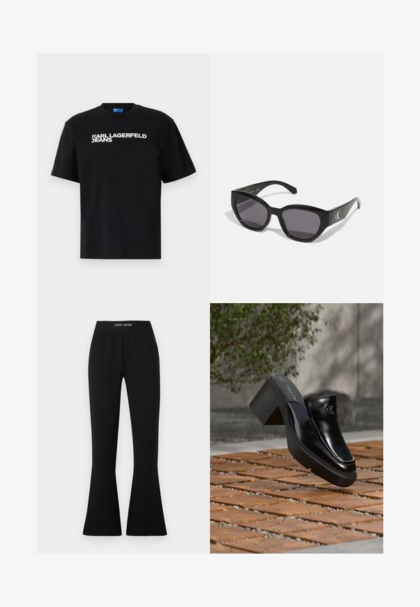 Zwarte katoenen t-shirt met korte mouwen, met in grote witte letters "KARL LAGERFELD JEANS" gedrukt op de voorkant.; Zwarte uitlopende broek gemaakt van stretchstof met een elastische tailleband met het "JOOP! JEANS" logo. Soepele textuur met een aansluitende silhouet.; Zwarte leren Calvin Klein slip-on mule met blokhak rustend op houten tegels buiten, vlak bij een groene plant en een grijze muur.; Zwarte zonnebril met een strak, hoekig ontwerp, donkere lenzen en een contrasterend zilveren logo aan de zijkant. Glad kunststof oppervlak.