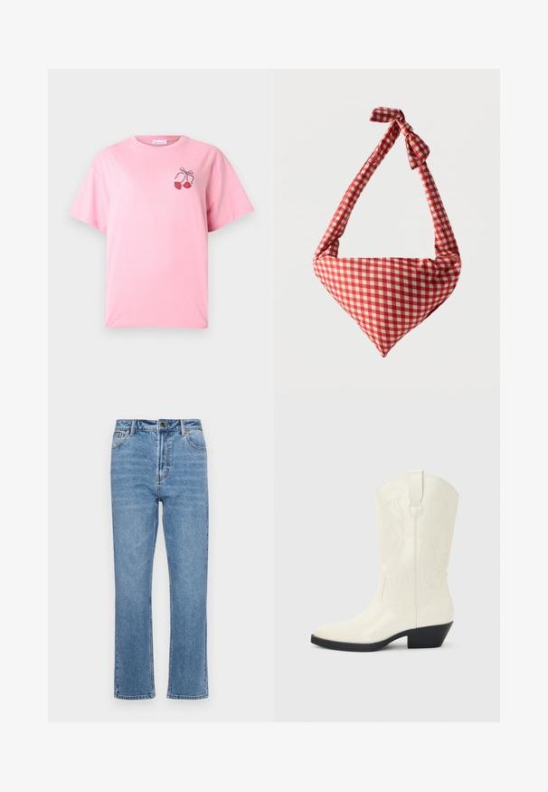 T-shirt rose à manches courtes avec un petit motif de deux lèvres rouges nouées par un ruban noir sur le haut gauche de la poitrine.; Jean en denim bleu clair avec une coupe droite, cinq poches, fermeture à bouton à l'avant et décoloration subtile sur le tissu.; Botte blanche de style western mi-mollet avec bout pointu, talon empilé noir, coutures décoratives et languette de tirage sur la tige.; Sac d'épaule en tissu doux à motif à carreaux rouges et blancs, poignée nouée et forme triangulaire sur un fond uni.