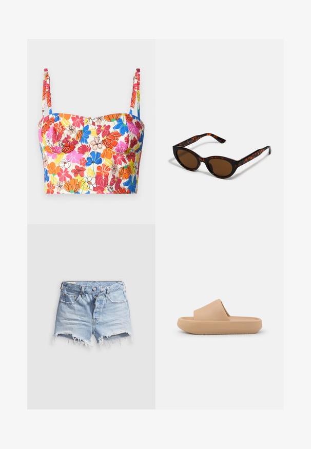 Top corto floral con tirantes ajustables, con un vibrante patrón de flores rojas, rosas, naranjas y azules sobre un fondo crema.; Pantalones cortos de mezclilla azul claro con dobladillos deshilachados, cinco bolsillos y cierre de botones. La textura es suave con un aspecto ligeramente desgastado.; Sandalia deslizante marrón con una tira gruesa y texturizada y una suela redondeada. Presenta un acabado suave y una parte inferior con tacos para mayor agarre.; Gafas de sol de carey marrón con una forma vintage de ojo de gato y lentes marrones. Presentan brazos curvados con acentos rojos.