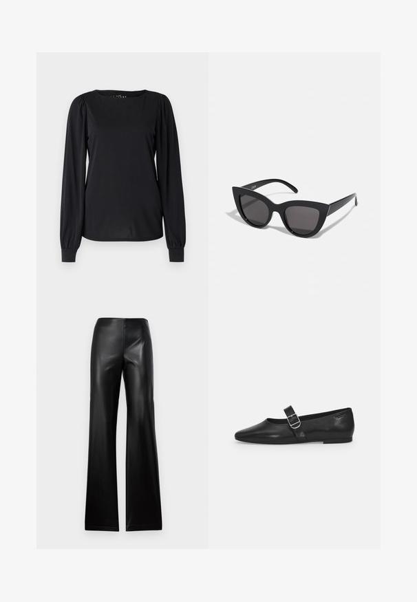 Top negro de manga larga hecho de una tela suave, con un cuello redondo y detalles fruncidos en los hombros y puños.; Pantalones de cuero negro acampanados con una textura suave, que cuentan con una cinturilla alta y un diseño simple, ajustándose en la parte superior y ensanchándose hacia el dobladillo.; Zapato plano de cuero negro con punta redondeada, una sola correa ajustable con hebilla y una textura suave y brillante. Diseño minimalista con un tacón bajo.; Gafas de sol negras en forma de ojo de gato con un acabado mate, que presentan lentes ahumados grises, ángulos pronunciados y brazos laterales elegantes. Nombre de la marca visible en el interior del brazo.