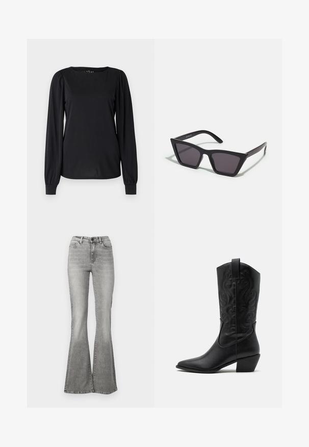 Zwarte lange mouwen top van gladde stof, met een ronde halslijn en geraffineerde details op de schouders en manchetten.; Grijze flared jeans van denim, met een hoge taille, voorkezen en een vervagingseffect. De zoom is iets breder, waardoor een flared vorm ontstaat.; Zwarte leren cowboylaars met een spitse neus, gegraveerde draaiende patronen en een halfhoge hak. Voorzien van een trekhaak voor gemakkelijk aan- en uittrekken.; Zwarte, hoekige zonnebril met grijze lenzen; gemaakt van plastic, met dikke armen met een gladde oppervlakte en zonder zichtbare hardware.