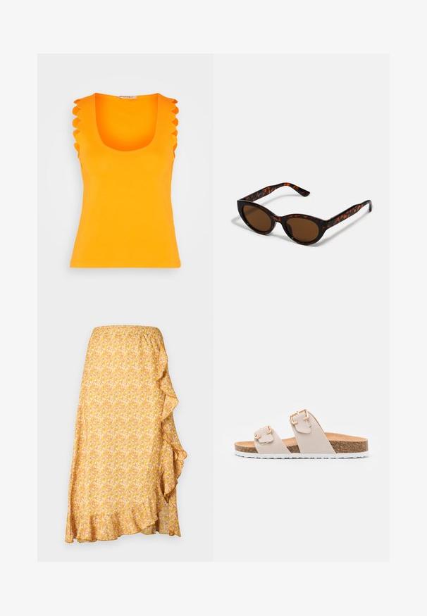 Anna Field Top - orange; Gul blomsterkjole med volangdetalje langs siden, fremstillet af letvægtsstof og med elastisk talje for komfort.; Beige slidesandaler med to justerbare stropper og guldfarvede spænder. Korksål med en struktureret hvid gummisål.; Brune skildpadde solbriller med en vintage katteøje-form og brune linser. Har buede arme med røde detaljer.