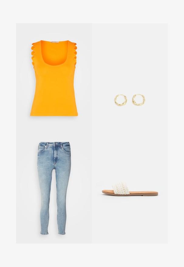 Anna Field by Zalando Débardeur - orange; Jean en denim bleu clair avec une coupe slim, design à cinq poches, fermeture éclair et légères décolorations à l'avant. Ourlet retroussé au niveau des chevilles.; Sandale à glissière tissée blanche avec une texture tressée et des perles décoratives, dotée d'une semelle intérieure lisse couleur tan et d'une semelle en caoutchouc plate.; Boucles d'oreilles en or en forme de créole avec une surface texturée et irrégulière. Présentent un design léger et une forme circulaire, adaptées à un port quotidien.