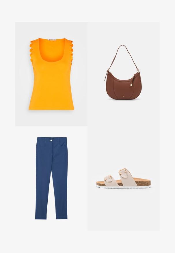 Anna Field by Zalando Débardeur - orange; Pantalons slim-fit bleus en mélange de coton, dotés d'un bouton frontal, d'une fermeture éclair, de deux poches et d'une texture lisse et propre.; Sandales à glissière beige avec deux sangles réglables et boucles en ton doré. Semelle en liège avec une semelle extérieure en caoutchouc blanc texturé.; Sac à épaule en faux cuir brun, de forme arrondie, avec des coutures minimales et un accent en matériel doré. Il possède une fermeture zippée sur le dessus et une sangle réglable.
