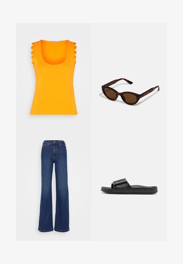Anna Field Top - orange; Breddebenede jeans lavet af mørkeblåt denim. Har en høj talje, fem-pockets design og diskret syninger på sømmene.; Sort sklidesandal med bred rem, justerbart spænde, flad sål og glat mat tekstur. Enkel design uden ekstra mønstre.; Brune skildpadde solbriller med en vintage katteøje-form og brune linser. Har buede arme med røde detaljer.