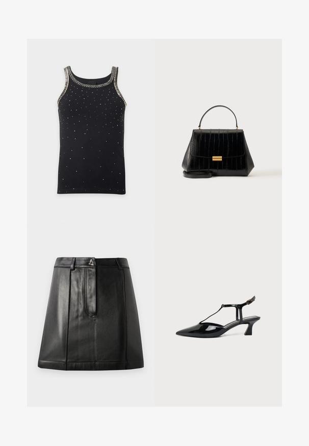 Haut noir sans manches avec de petits strass éparpillés et de plus grands ornements en strass argenté le long de l'encolure et des bords des manches.; Jupe en cuir noir avec une forme structurée, dotée d'une poche avant et d'un accent métallique à la taille. Texture lisse et détails de couture.; Chaussure slingback en cuir verni noir à bout pointu avec bride en T et petit talon bloc incliné sur fond blanc.; Sac à main en cuir noir avec poignée supérieure, fermoir doré et bandoulière amovible sur un fond clair uni.