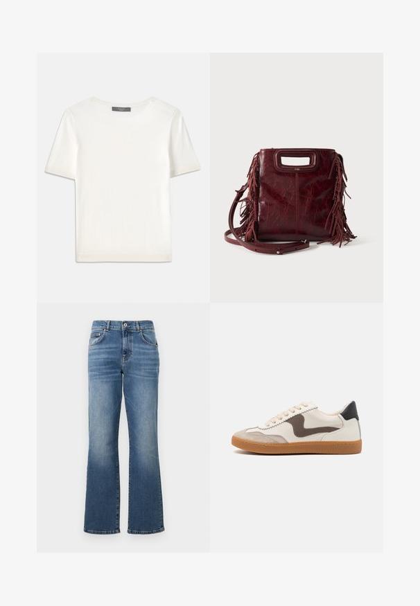 Witte gebreide top met korte mouwen en een ronde halslijn, met een gladde textuur en subtiele ribgebreide accenten bij de mouwen en de zoom.; Blauwe spijkerbroek met rechte pijpen, middelhoge taille, vijf zakken en subtiele vervaging langs de benen.; Sneakers met een crème leren bovenwerk, donkere bruin suède accenten, beige veters en een gumrubberen zool; klassiek laagprofiel ontwerp.; Vierkante bordeaux leren handtas met uitgesneden handvat, zijfranjes en een verstelbare schouderriem op een effen achtergrond.