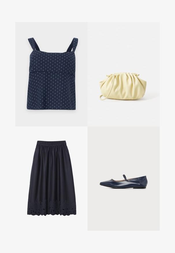 Haut sans manches bleu marine avec des pois blancs, présentant un corsage structuré et de larges bretelles. Fabriqué en tissu doux et léger.; Jupe noire mi-longue avec taille élastique et broderie florale ajourée le long de l'ourlet.; Chaussure plate en cuir bleu marine avec bout pointu et une fine bride sur le dessus du pied, vue de côté sur fond blanc.; Sac à main plissé jaune en simili cuir lisse, arborant une forme douce avec une bandoulière unique et un design froncé sur le dessus.